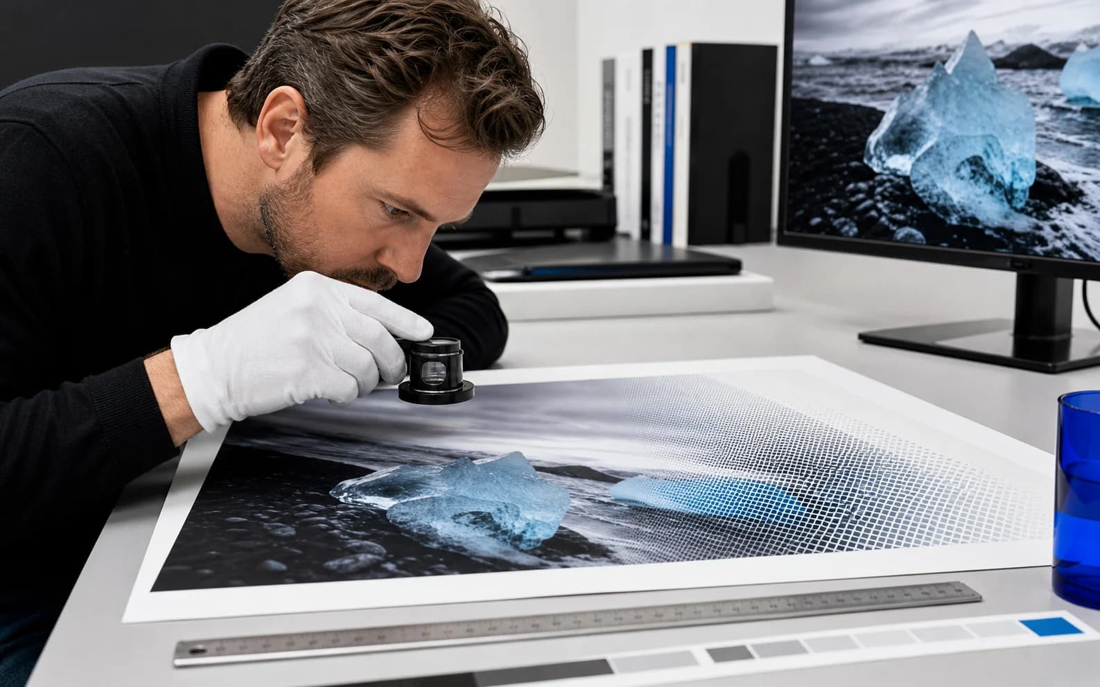Een printtechnicus die de beeldresolutie inspecteert met een vergrotende loep