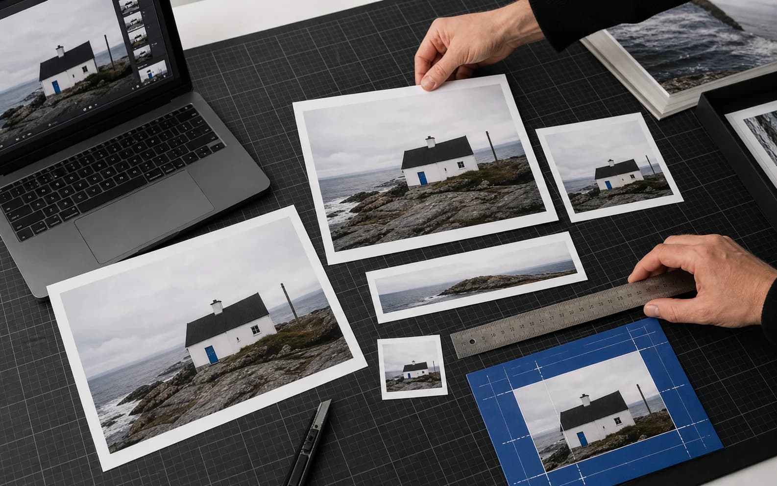 Eén foto wordt voorbereid in verschillende nauwkeurige scherm- en printformaten