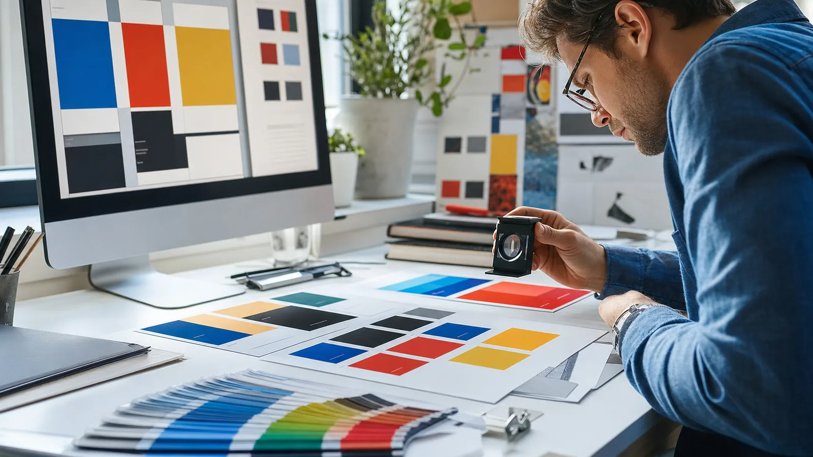 Een ontwerper die expressieve merkkleurstalen test tegen leesbare typografie