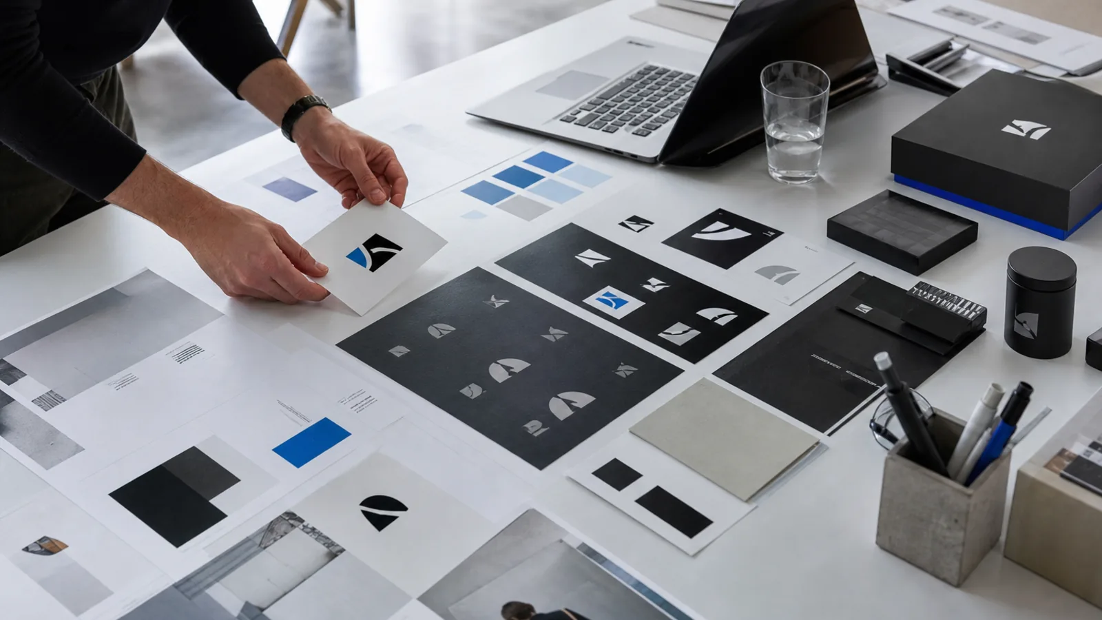 Een ontwerper die een gecoördineerd huisstijlsysteem voor gedrukte en digitale materialen beoordeelt