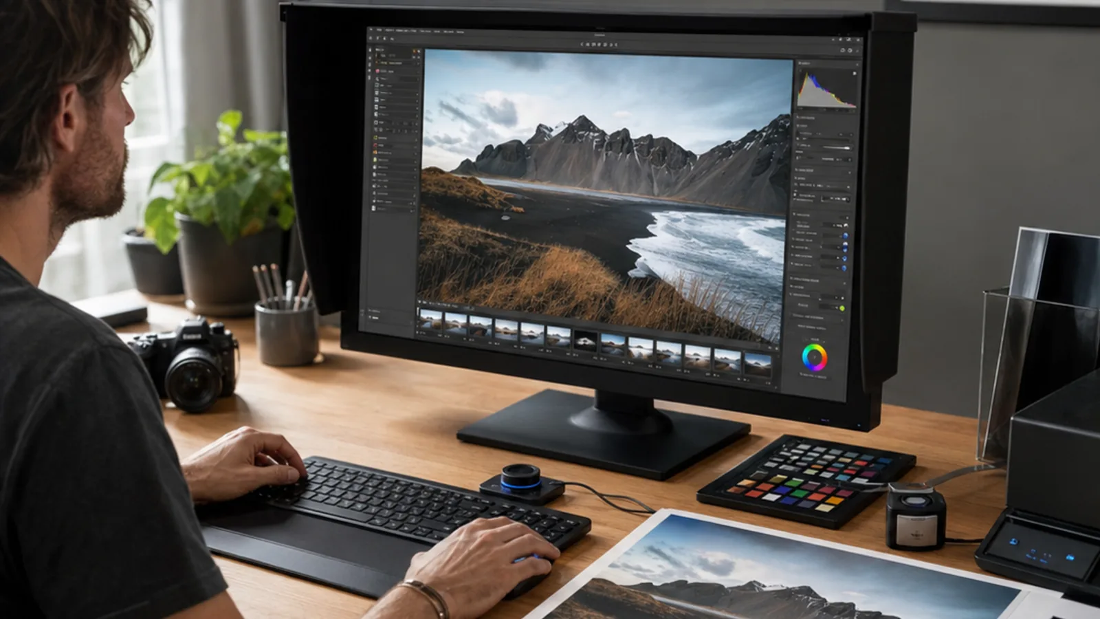 Een creatieve producent die foto's, transparante afbeeldingen en printmateriaal op verschillende apparaten organiseert