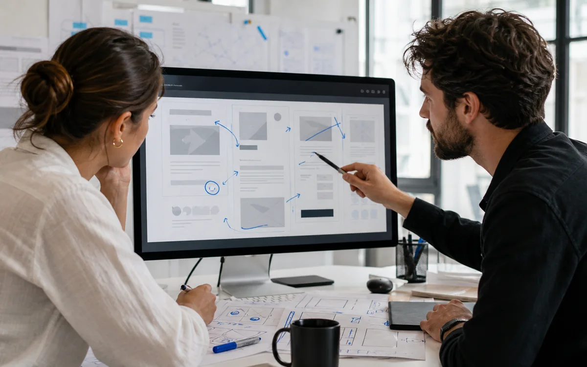 Een wireframe van een landingspagina gemarkeerd met bericht, bewijs, formulier en vervolgcontrolepunten