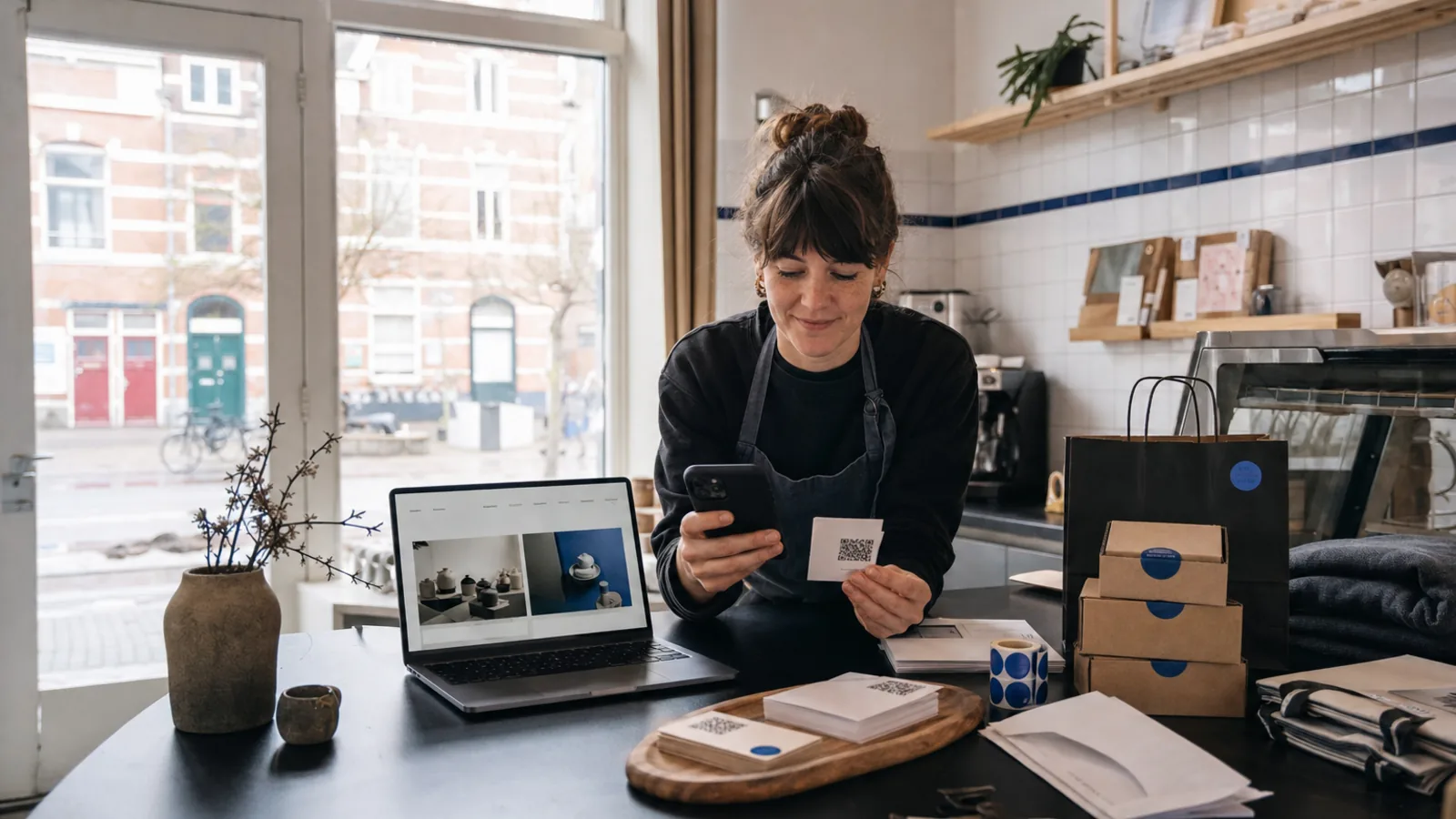 Een lokale bedrijfseigenaar die de drukwerk-, website- en klantcontactkanalen coördineert