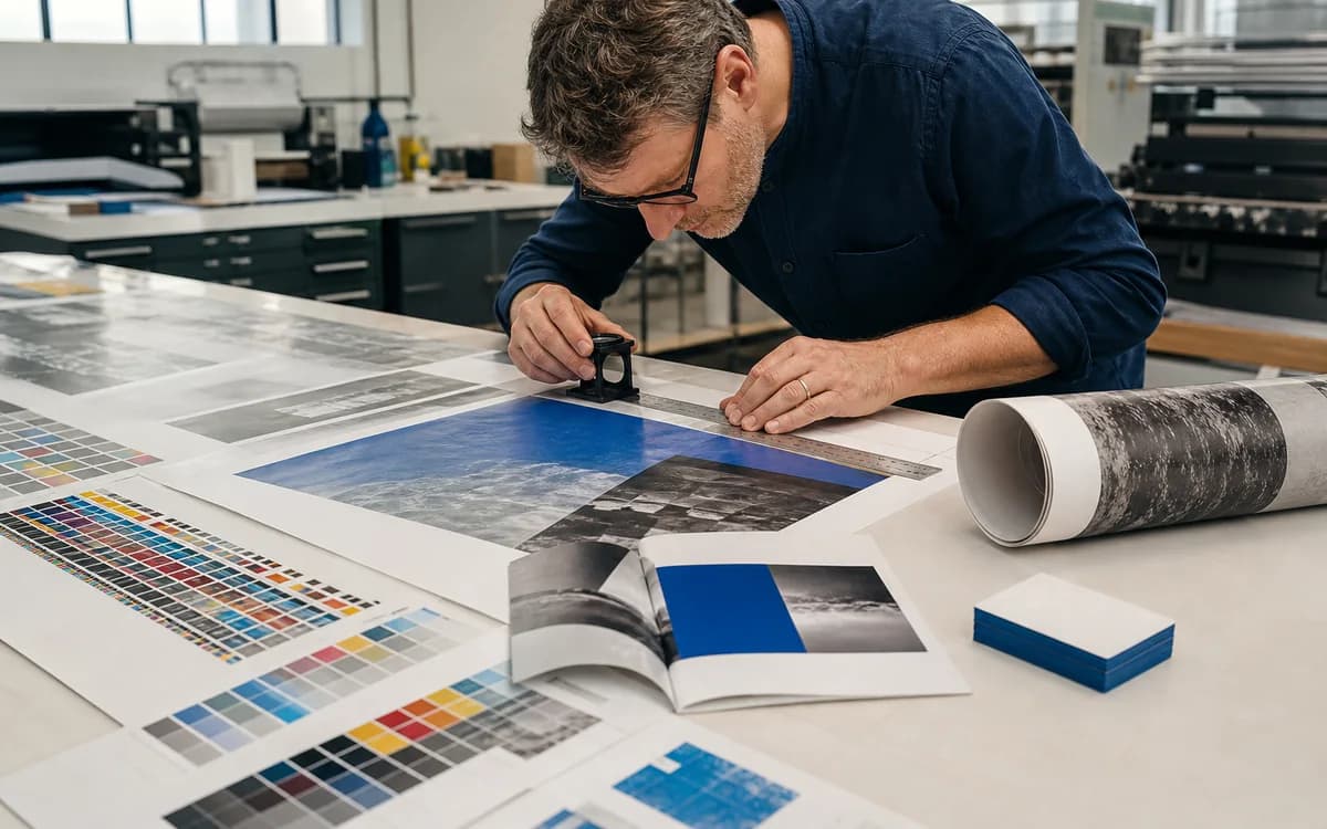 Een nauwkeurige inspectie van snijtekens, uitloop, typografie en afbeeldingsdetails op een gedrukte proefdruk