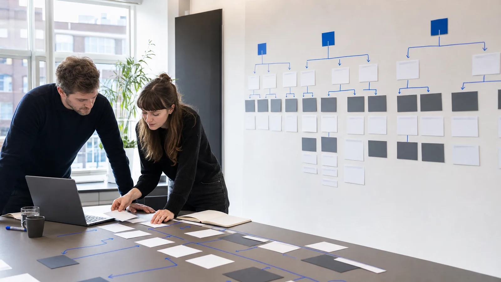 Een workshop websiteplanning met paginanotities, gebruikersroutes en een laptop op een grote tafel