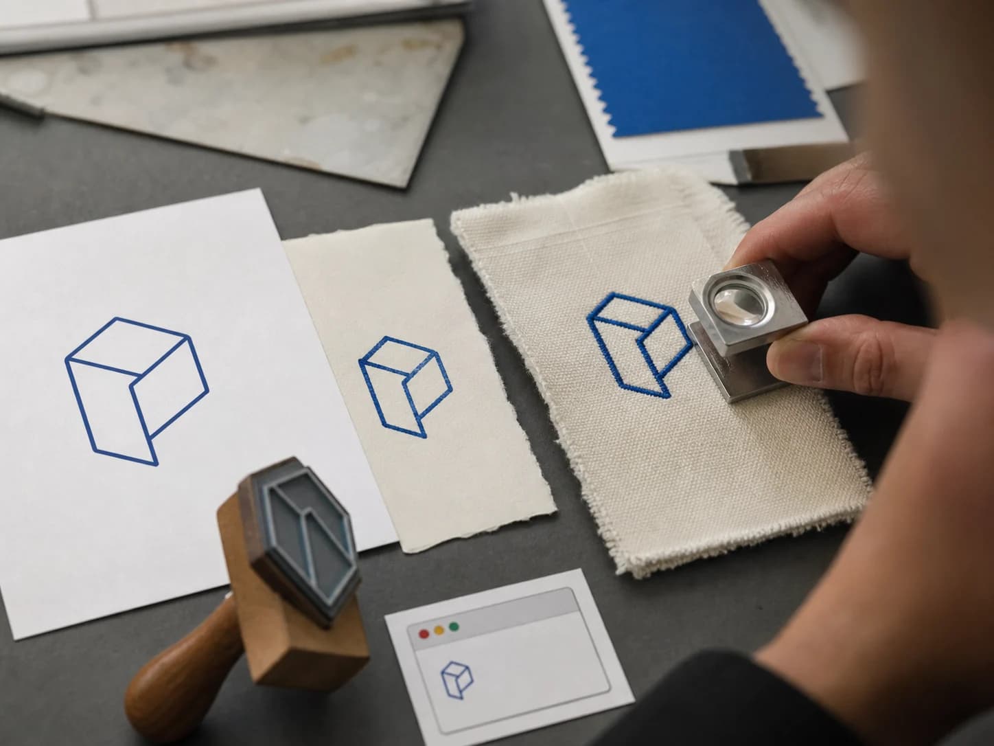 Een geometrisch logo getest als vector, transparante afbeelding, stempel en klein browserpictogram