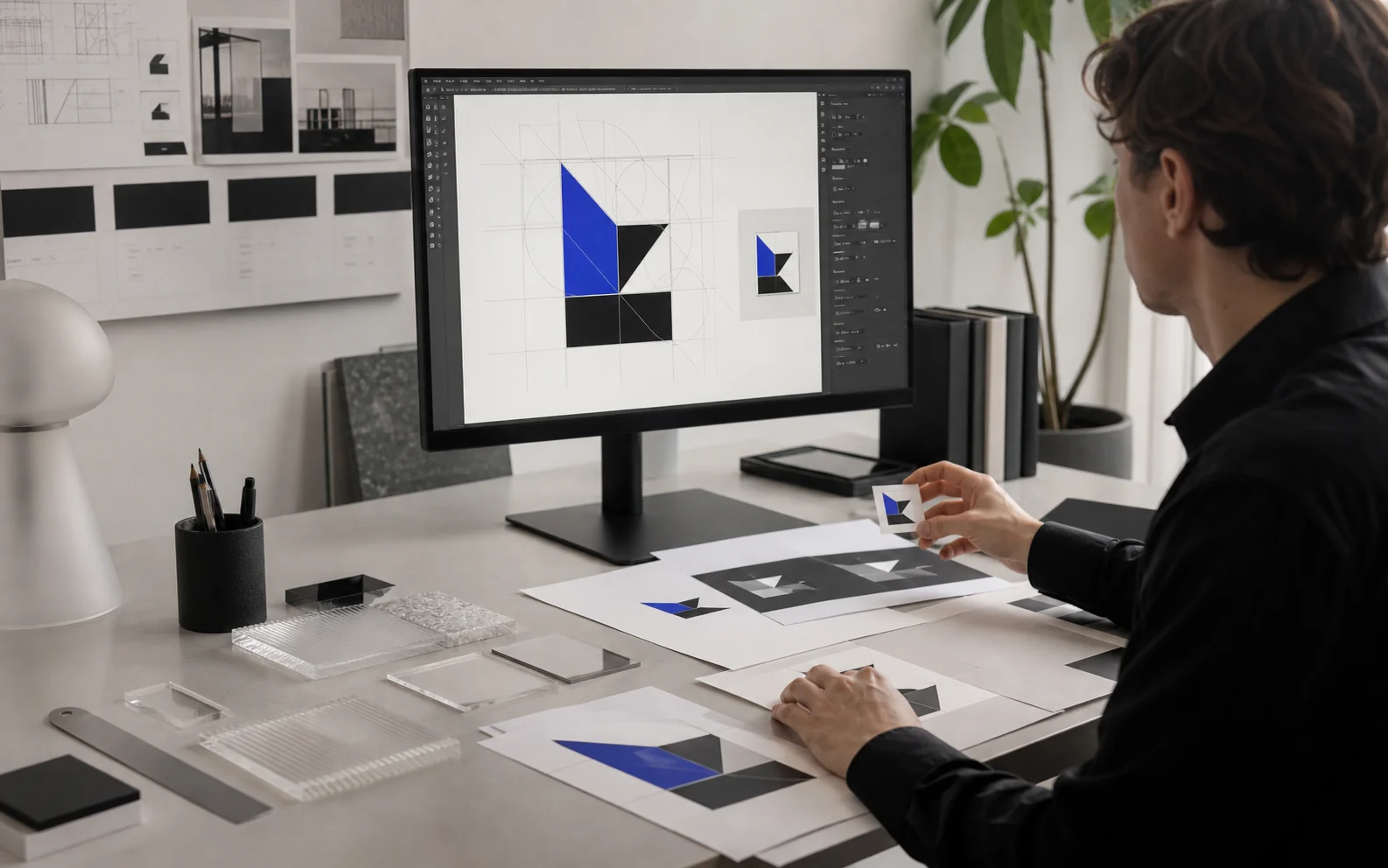 Een ontwerper die een gecoördineerd huisstijlsysteem voor gedrukte en digitale materialen beoordeelt