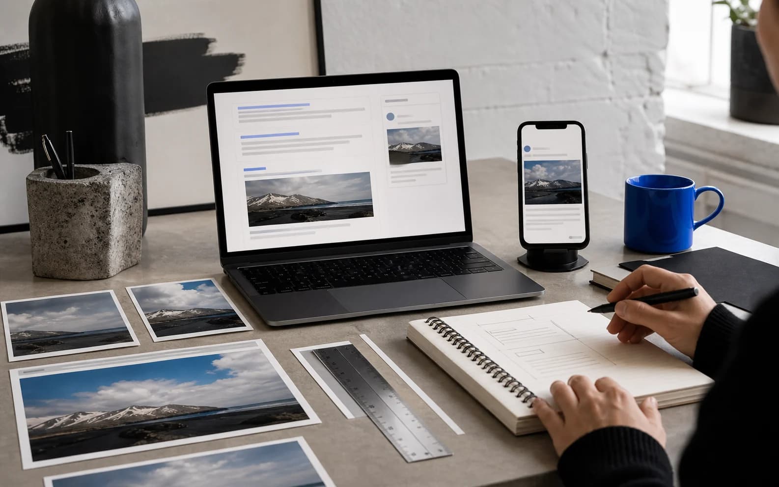 Zoek- en sociale preview-indelingen worden vergeleken op een laptop en telefoon