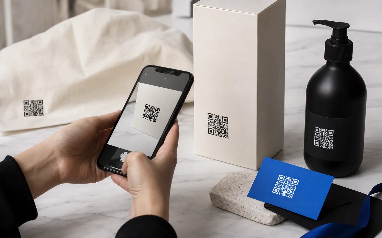 Een telefoon die QR-codes op verpakkingen scant en een gedrukt visitekaartje