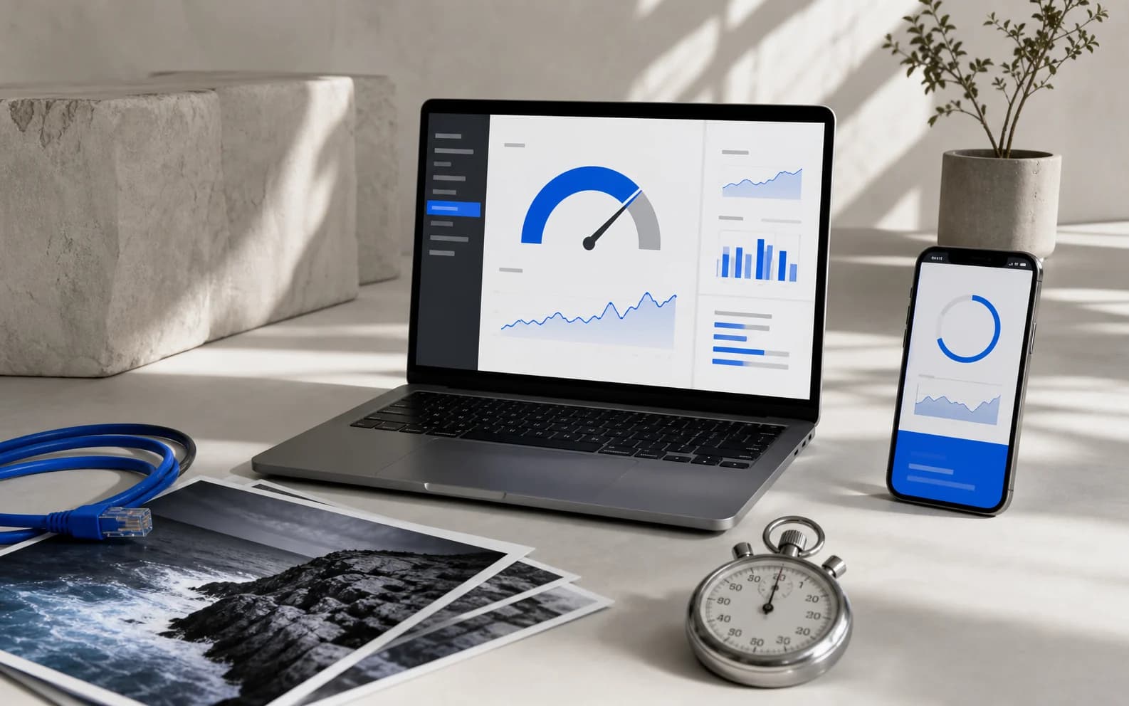 Websiteprestaties worden gemeten op een laptop en telefoon met een precisietimer