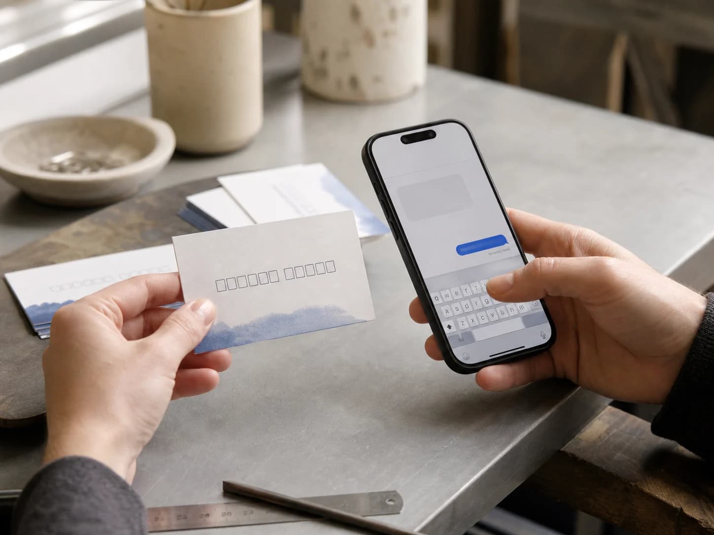 Een WhatsApp-contactlink wordt getest tussen een gedrukte kaart en een mobiele telefoon