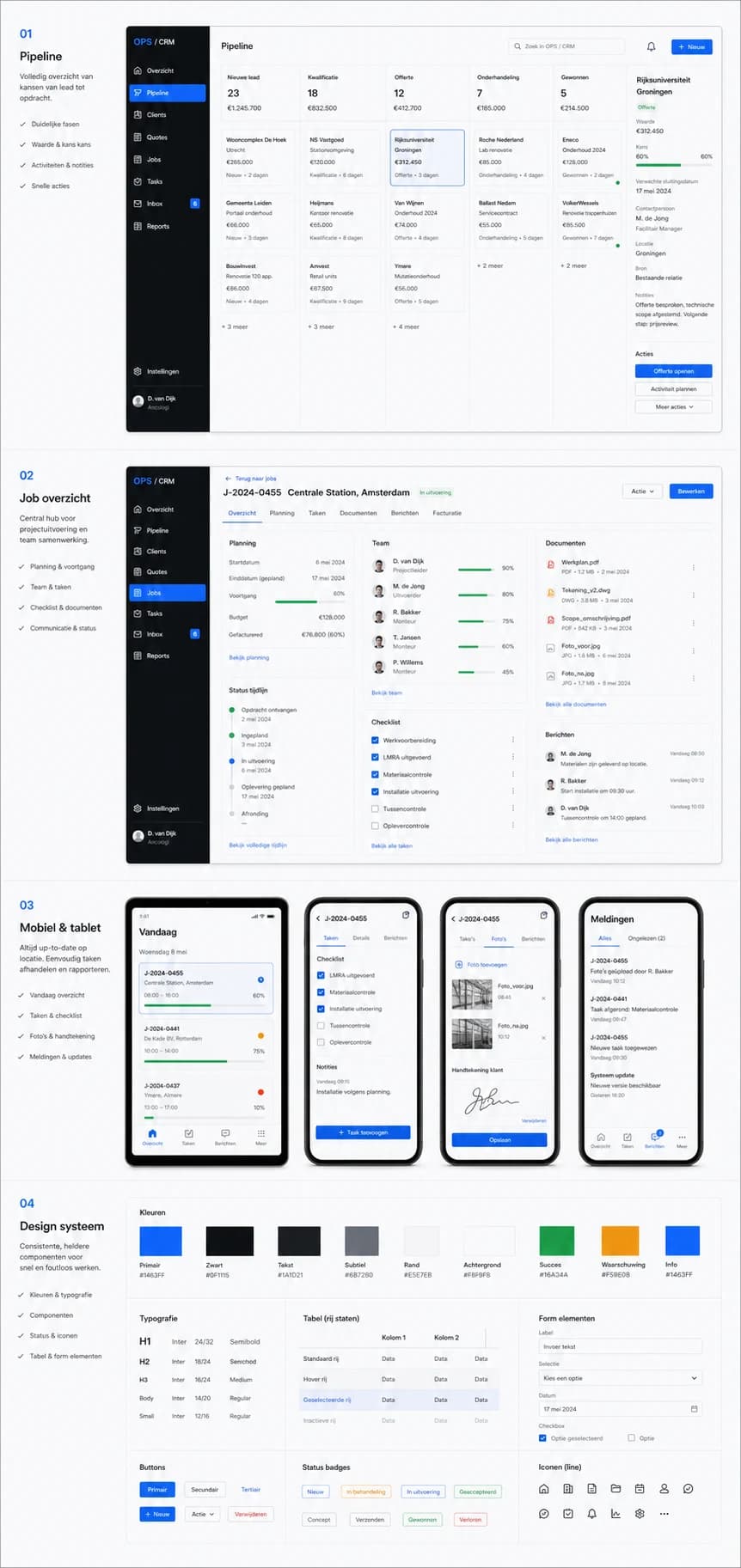 CRM-bediening met salespipeline, projectoverzicht, mobiele taken, foto's, handtekeningen en het herbruikbare interfacesysteem.