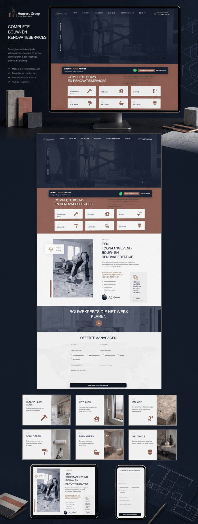 Volledige Hunters Groep websitepresentatie met desktophero, diensten, vertrouwen, offerteformulier, serviceclose-ups en responsieve apparaten.